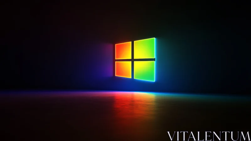 Multicolor illuminated window logo on dark reflective surface.