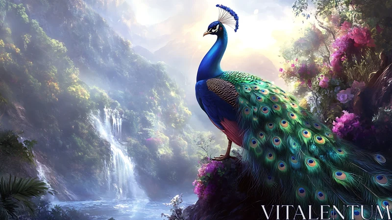 Majestic peacock overlooks misty waterfall valley at dawn