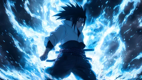 Anime swordsman stands amid intense blue energy surge