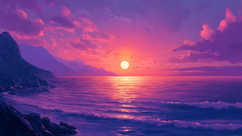 Coastal horizon with sun over calm sea and distant cliffs.