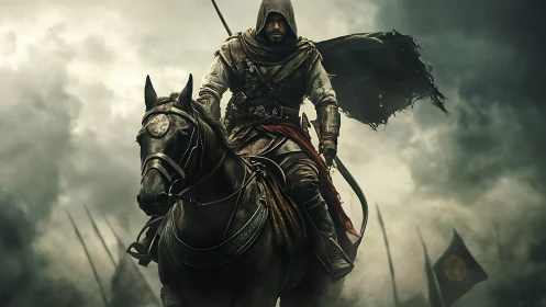 Hooded mounted warrior advances through smoke-filled battlefield