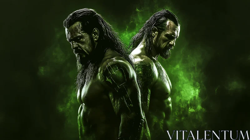 Muscular long haired men posed back to back in green light.