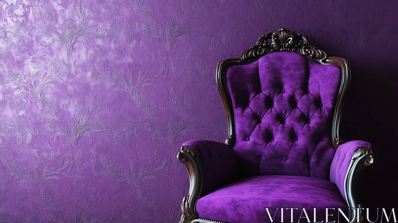 Royal purple velvet armchair against ornate textured wall.