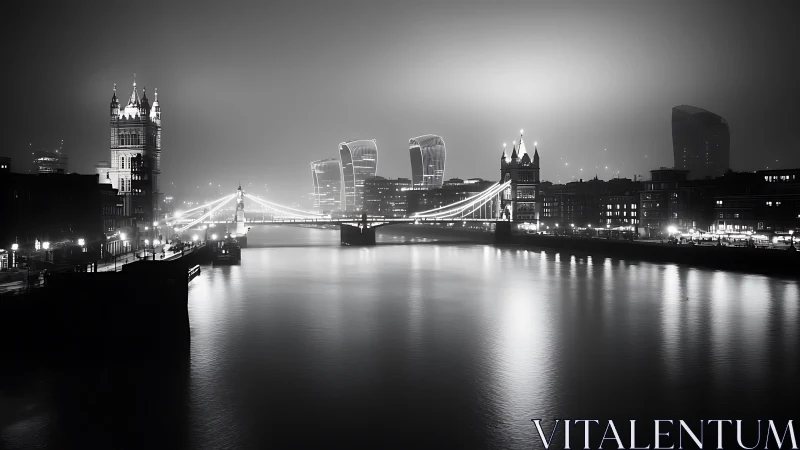 London Tower Bridge night skyline under glowing river fog.