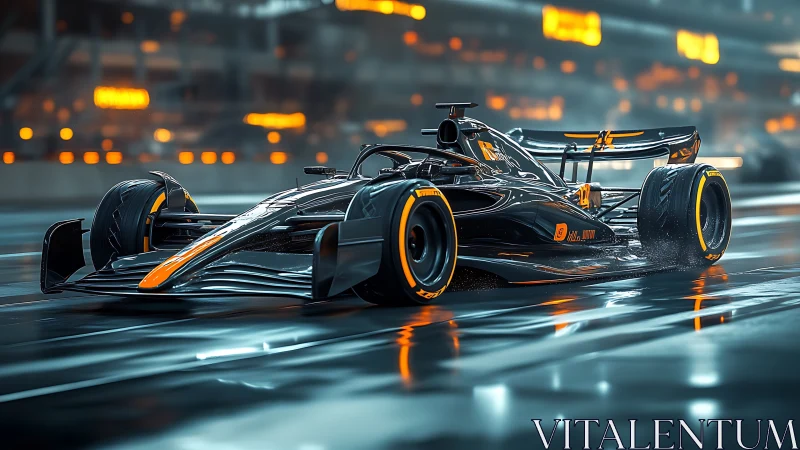 Midnight neon racer slices through a rain-slicked pit lane.