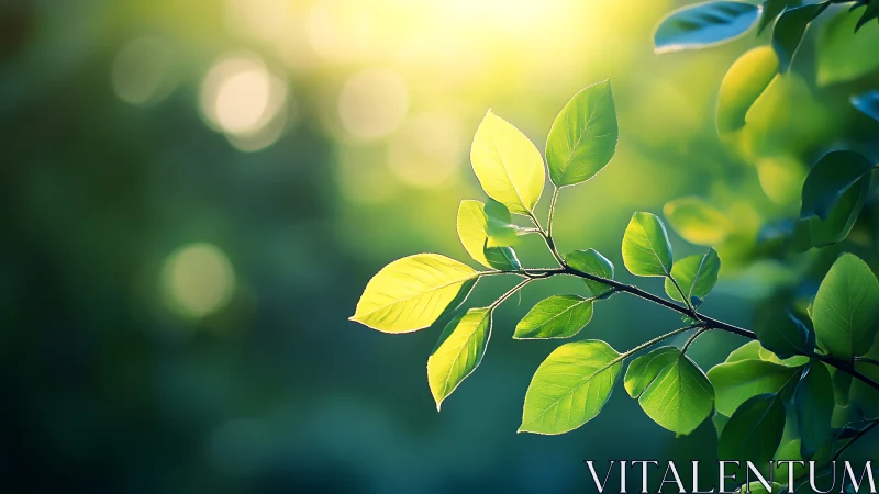 Sunlit green leaves on branch in soft bokeh nature background.