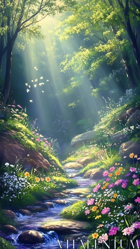 Sunlit forest stream winds through vibrant wildflower valley