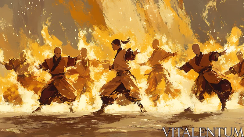 Monks Wielding Fire: Dynamic Combat Against Inferno.