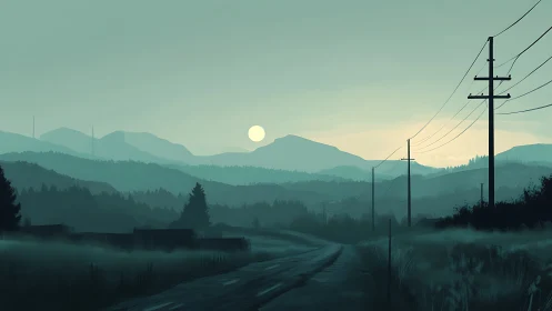 Quiet roadside sunrise over teal-tinted mountain hush.