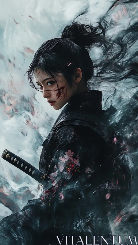 Scarred samurai heroine in swirling ethereal smoke environment.