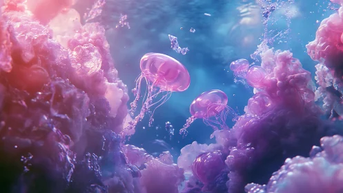 Luminescent jellyfish drift through dreamy neon coral clouds