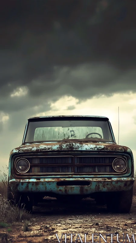 Rusty road ghost waits beneath storm-heavy prairie skies.