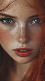 Copper-haired freckled portrait with hyperreal glossy lips.