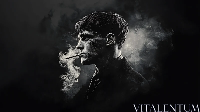 Smoke-wreathed profile of brooding man in noir silhouette.