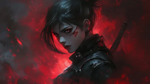 Woman in dark armor stands in red smoke-filled environment
