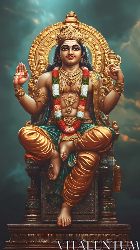 Regal Hindu deity seated on ornate golden throne in clouds.