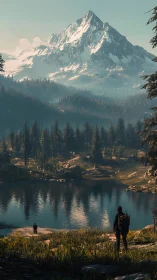 Hikers observe snowcapped mountain across reflective forest lake