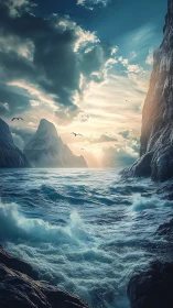 Sunlit cliffs and wild teal waves in a dreamlike cove.