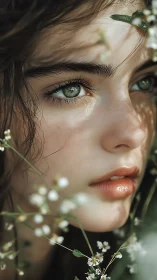 Soft-lit portrait of girl framed with delicate white flowers.