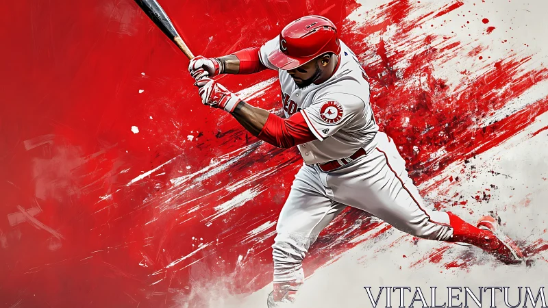 Powerful baseball swing sends energy across red canvas