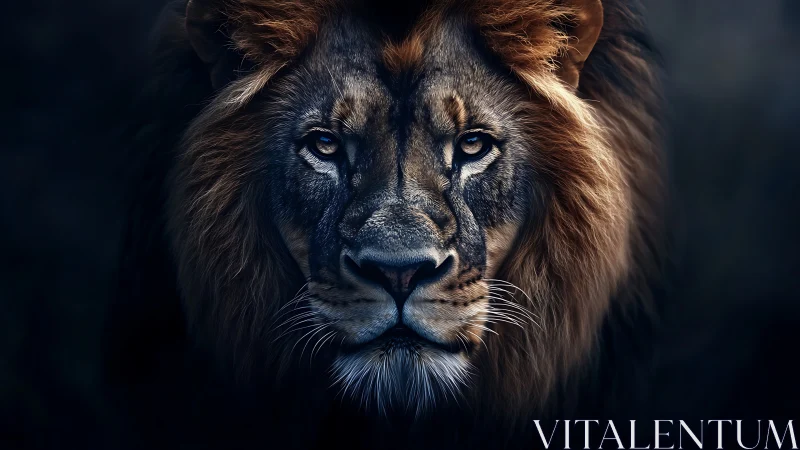 Majestic lion gazing calmly through velvety twilight shadows.