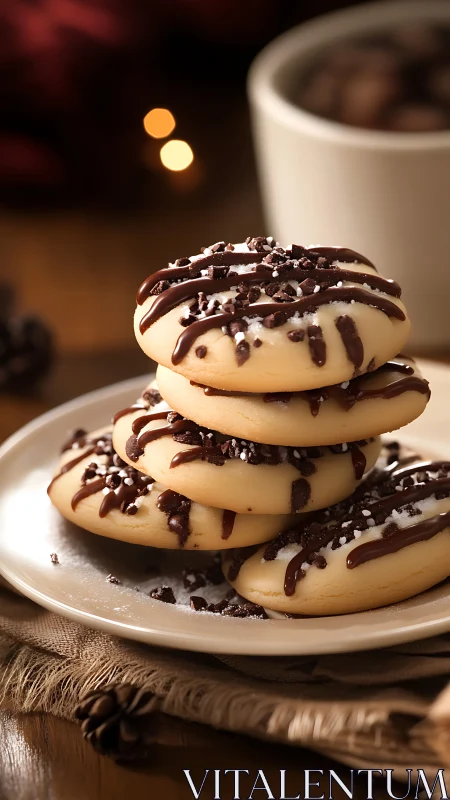 Cozy stack of chocolate-drizzled butter cookies on plate.
