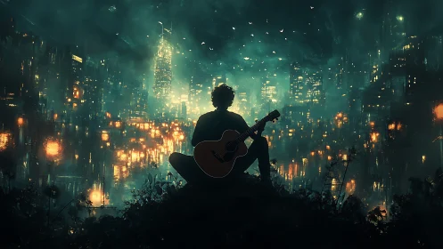 Night city serenade with a lone dreamer and warm lights.