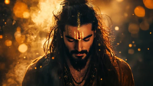 Golden meditative mystic bathed in swirling sacred light.