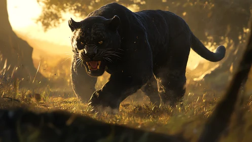 Black Panther Snarling Through Golden Grassland Light