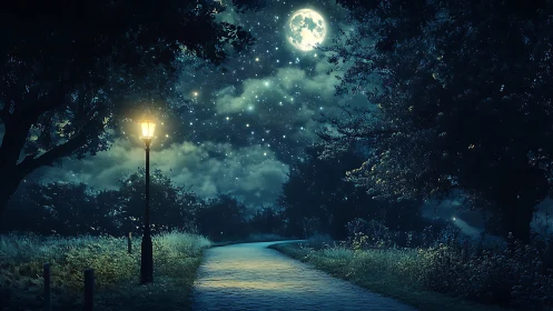 Moonlit forest road with gaslamp under star-dense night sky