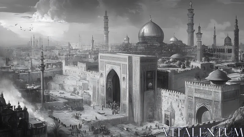 Monochrome Islamic megacity with monumental gate architecture.