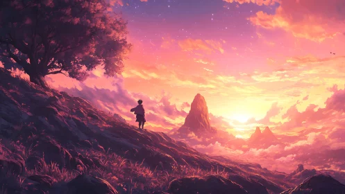 Sunset wanderer on a glowing mountain horizon dreamscape.