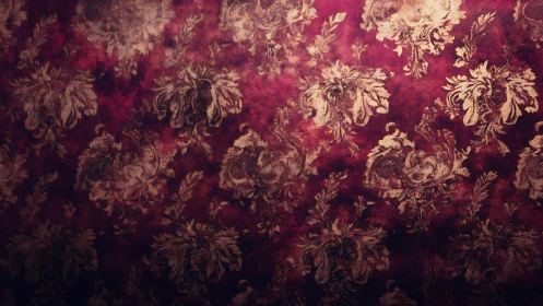 Vintage floral damask on warm red textured backdrop.