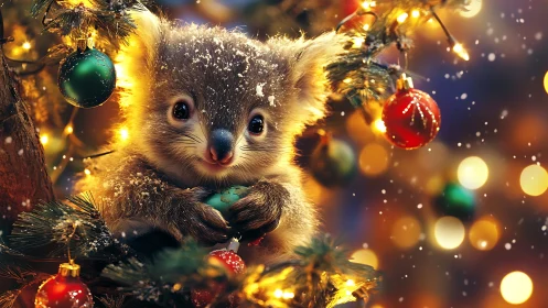 Baby koala cuddles ornament in glowing Christmas tree