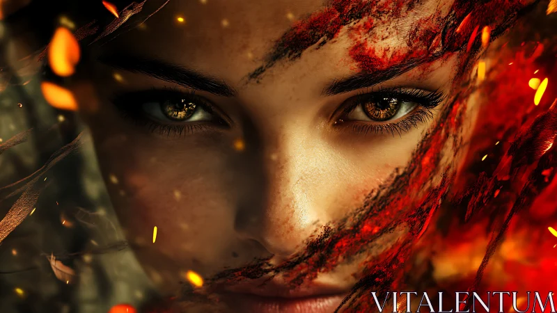 Inferno-eyed enchantress emerging from dancing embers.