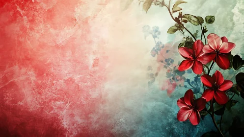 Red Floral Blooms Against Ombré Gradient Canvas.