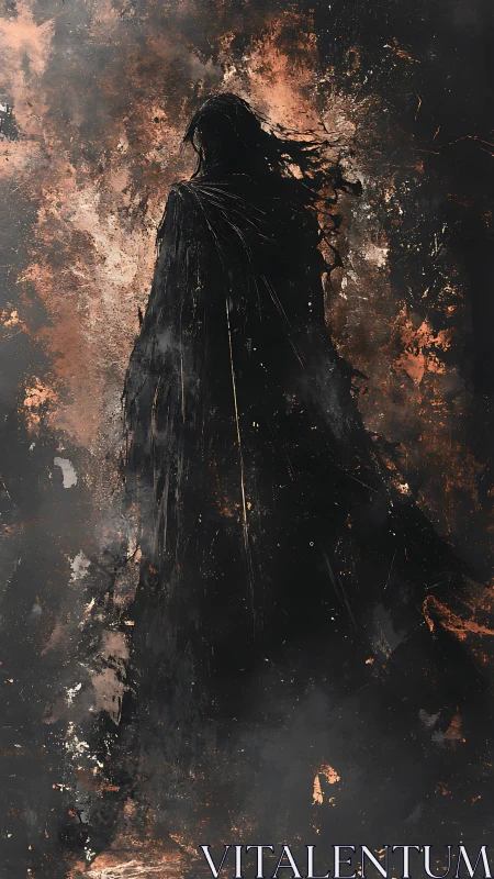 Shadowed wanderer peels from the fire-scorched void