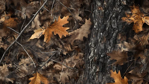 Oak leaves and bark in close autumn woodland study.