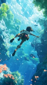 Youth suspended underwater between rocky reef walls.