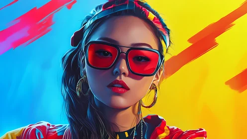 Digital portrait depicts woman with red glasses and split colors