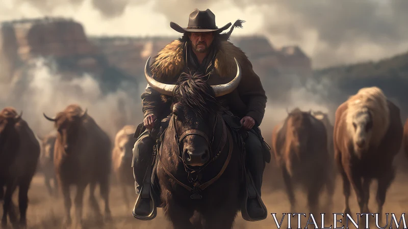 Weathered cowboy guiding horns and herd through dusty plains.