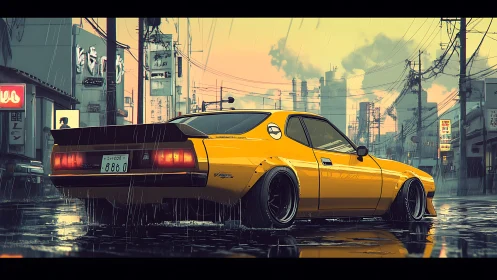 Neon-soaked retro sports car in rainy Tokyo backstreet scene.