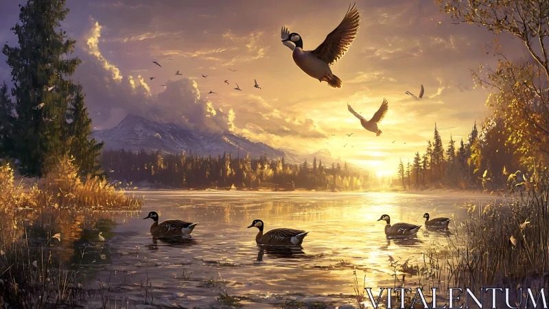 Golden mountain lake at sunrise with migrating ducks.