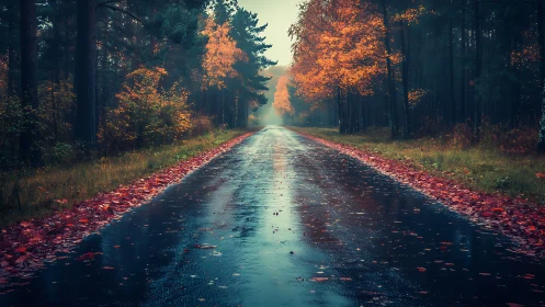 Wet asphalt road through autumn forest with golden foliage