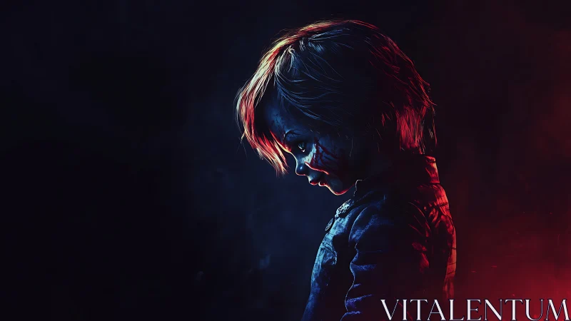 Side-lit scarred child rendered in high-contrast neon hues