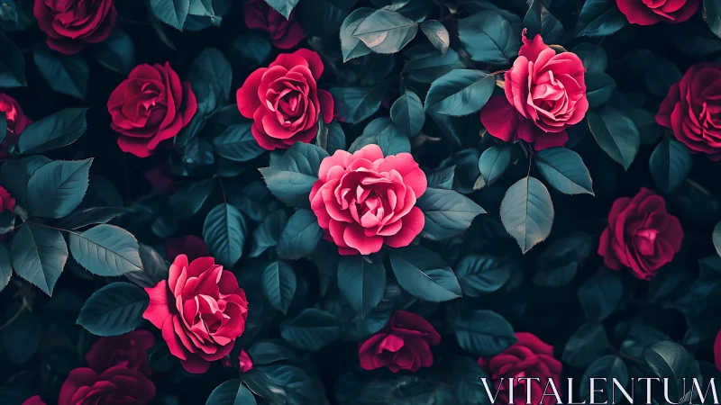 Clustered roses with dark teal foliage arrangement.