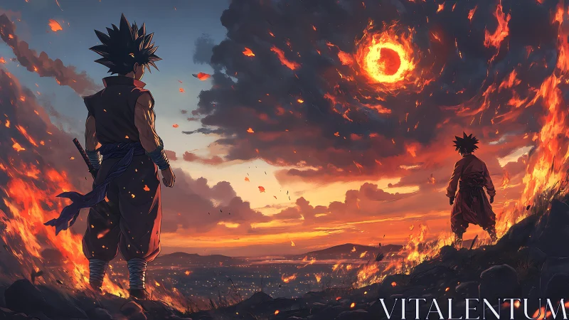 Warriors confront burning horizon under apocalyptic eclipse sky