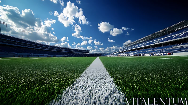 Low-angle gridiron field line leads toward symmetric stadium stands