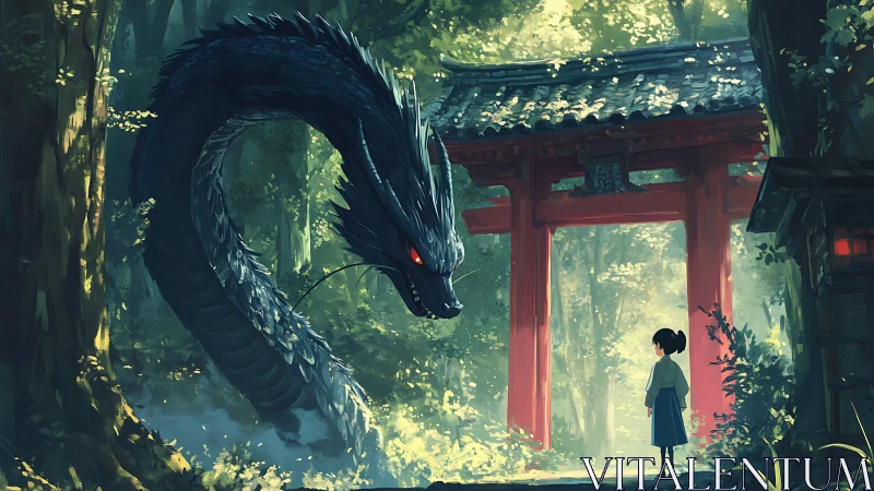 Serpentine forest dragon confronting shrine-bound girl in light.