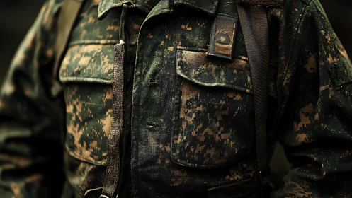 Weathered digital camouflage field jacket with harness straps